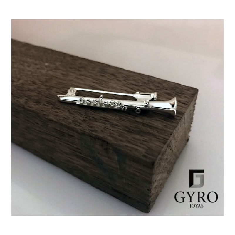 Alfiler Clarinete Relieve plata de ley